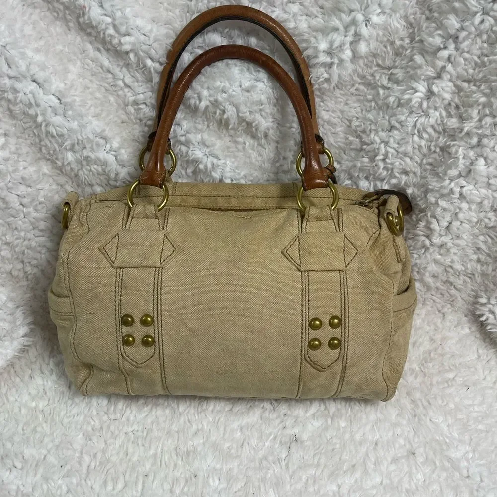 Fossil long live vintage khaki burlap Boston bag with leather tan straps .